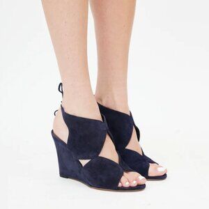 Aquazzura Iman Blue Suede Cutout Wedge Sandals Size 37.5 as seen Julianne Moore
